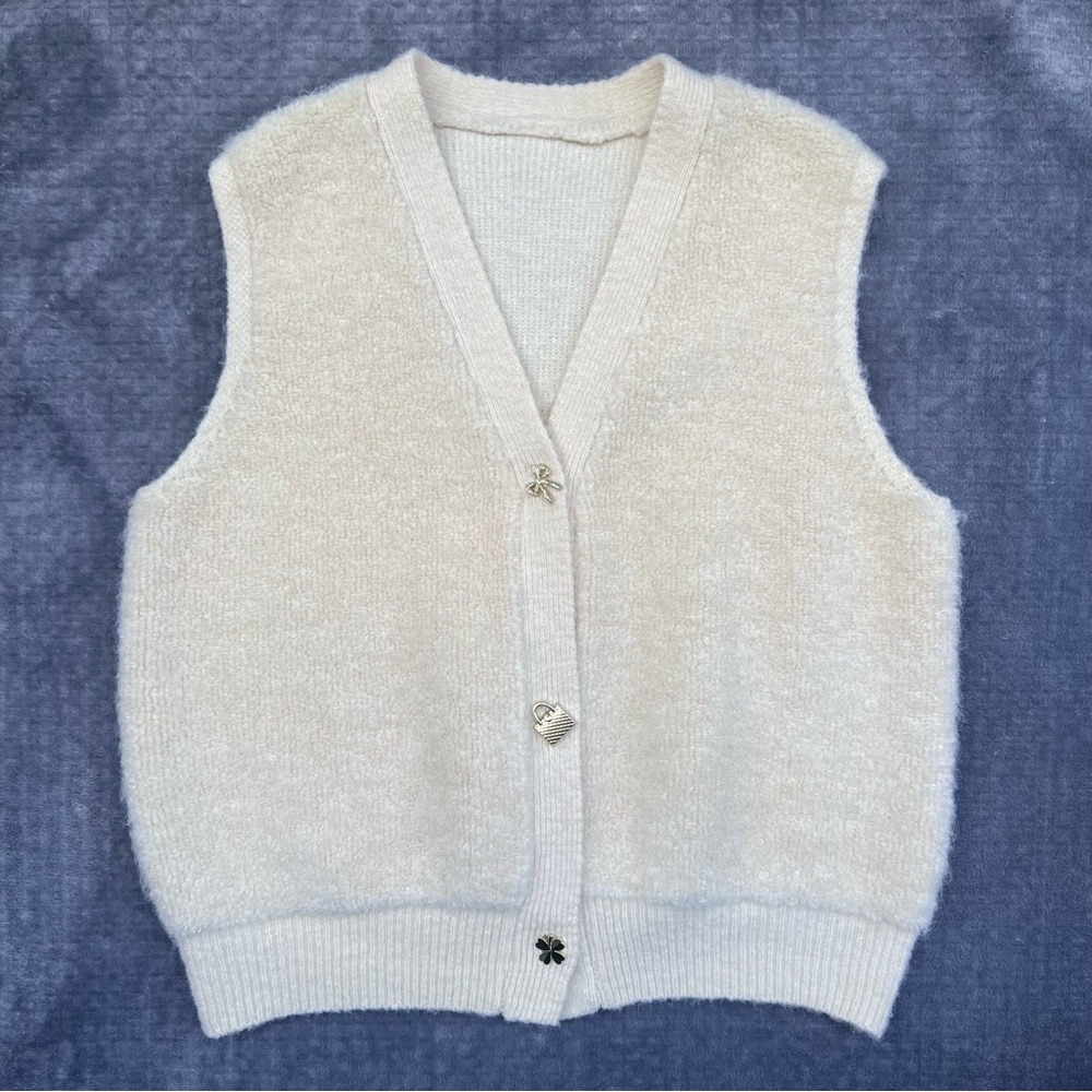 Fuzzy V Neck Sweater Vest Sz S 3 Embellished Mismatched Buttons Soft in Cream